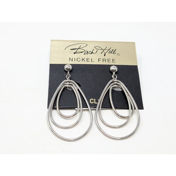 Birch Hill Silver Tone Dangle Concentric Oval Layered Clip On Earrings New - Picture 1 of 3